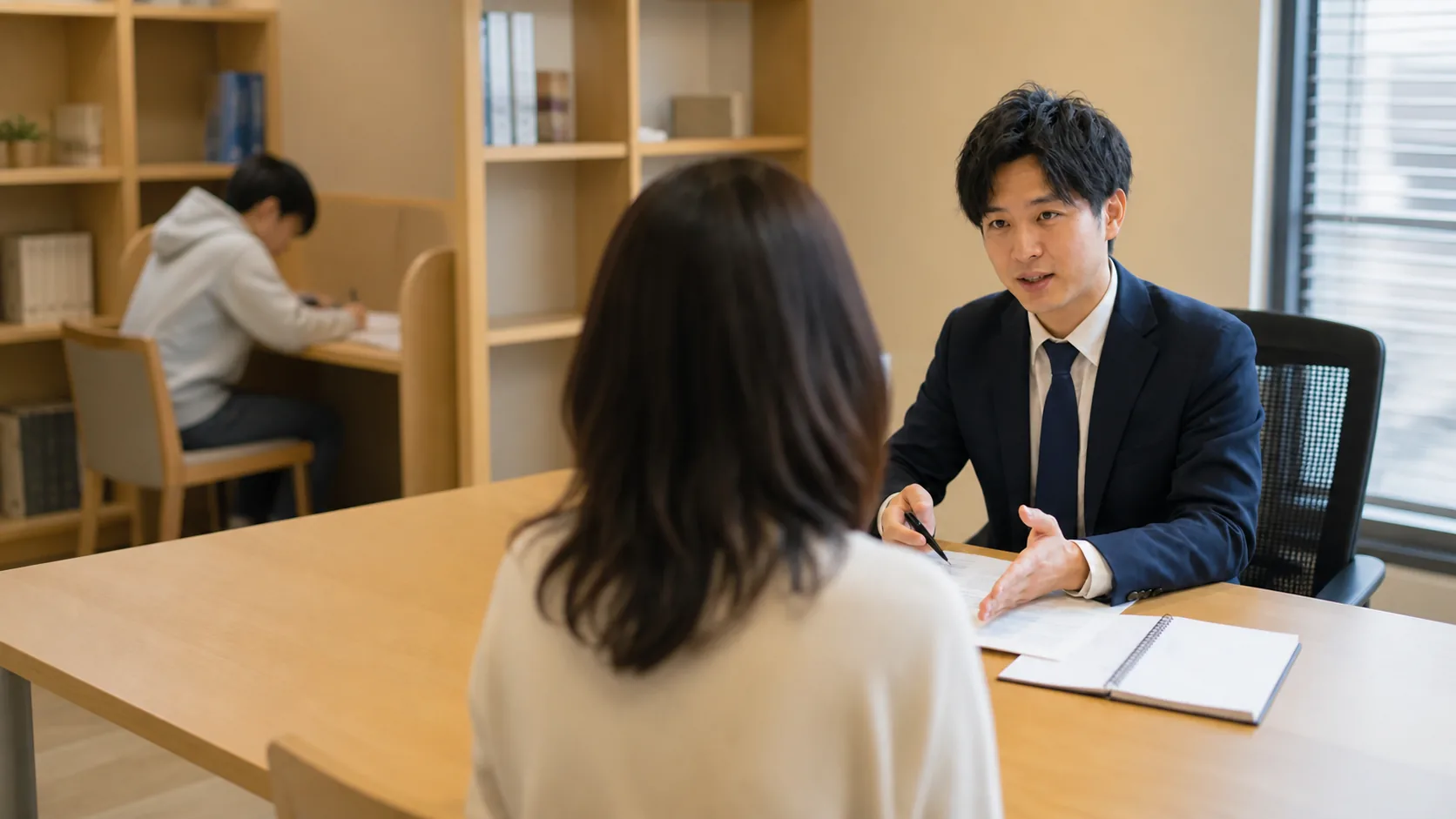 講師が保護者と学習計画について話す個別面談